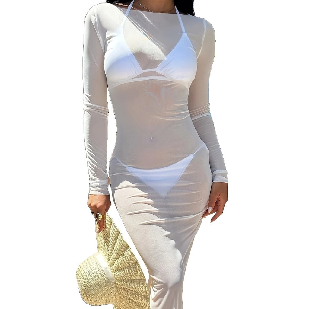 Mesh Sheer Long-sleeve Dress Maxi Dress