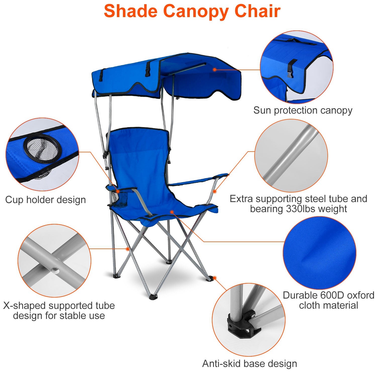 1Pc Foldable Camping Chair With Canopy Cup Holder 330LBS Max Load Folded As A Carry Bag Fedex Shipping