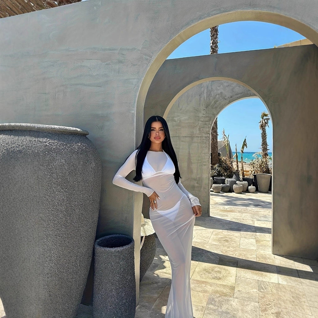 Mesh Sheer Long-sleeve Dress Maxi Dress