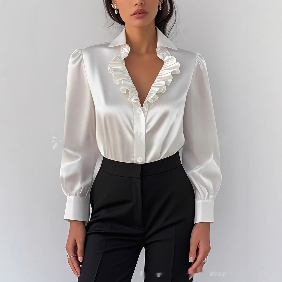 Minimalist Chic And Stylish French-inspired White Lace Long-sleeve Blouse For The Modern Lady