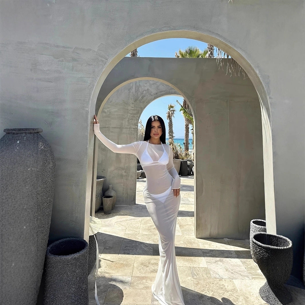 Mesh Sheer Long-sleeve Dress Maxi Dress