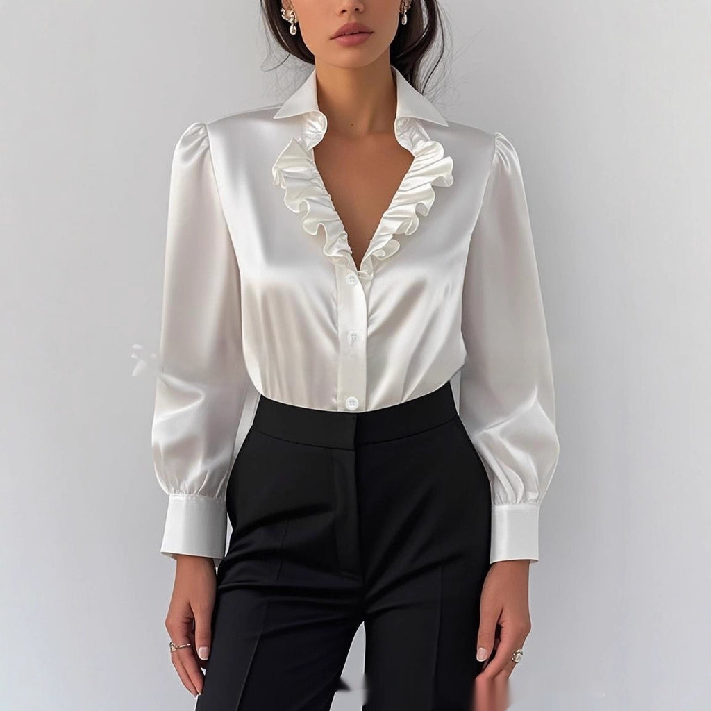 Minimalist Chic And Stylish French-inspired White Lace Long-sleeve Blouse For The Modern Lady